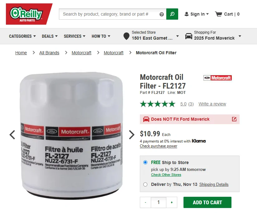 Ford Maverick Oil Filter FL-2127 — Wrong? Screenshot 2025-11-11 201317