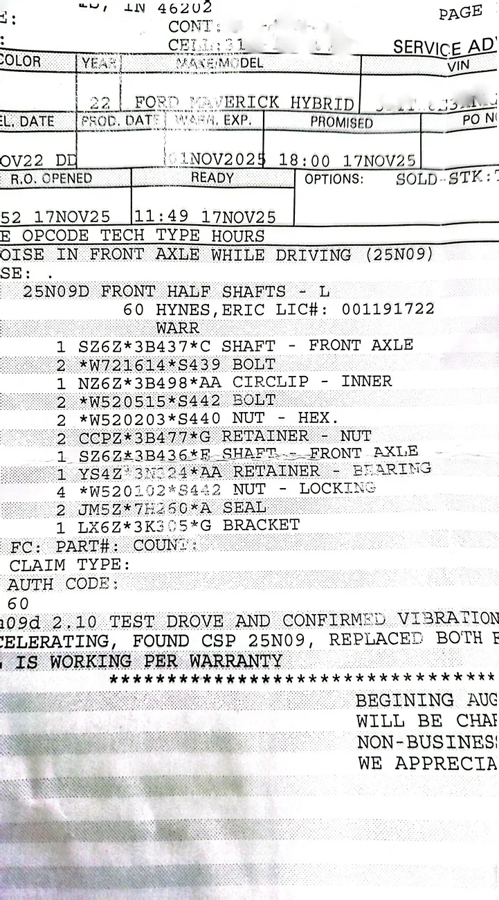 Ford Maverick I think the cv axle bug bit me? CamScanner 11-17-2025 17.31