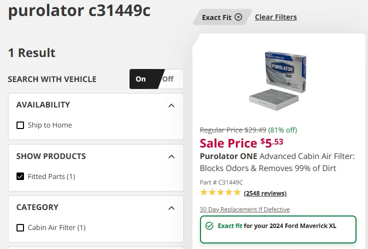 Ford Maverick Advance Auto Purolator Cabin Air Filter on Sale $5.53 Image 001
