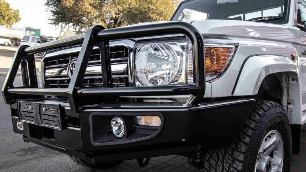 Ford Maverick Maxzina Bull Bar Modified to fit 2025 Maverick Tremor ARB-Flared-Winch-Bull-Bar-Land-Cruiser-70-Series-6-scaled-1-3441594884