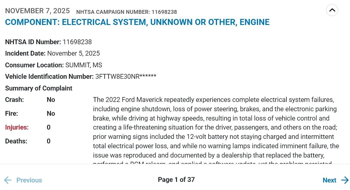 Ford Maverick Complete electrical failure at 45MPH Screenshot 2025-12-18 204611