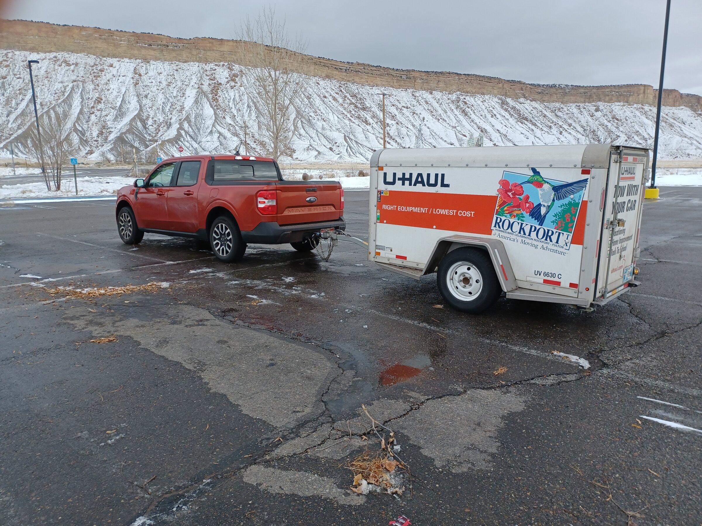 Ford Maverick 1900 mile trip while towing 4x8 Uhaul trailer 20211215_121928