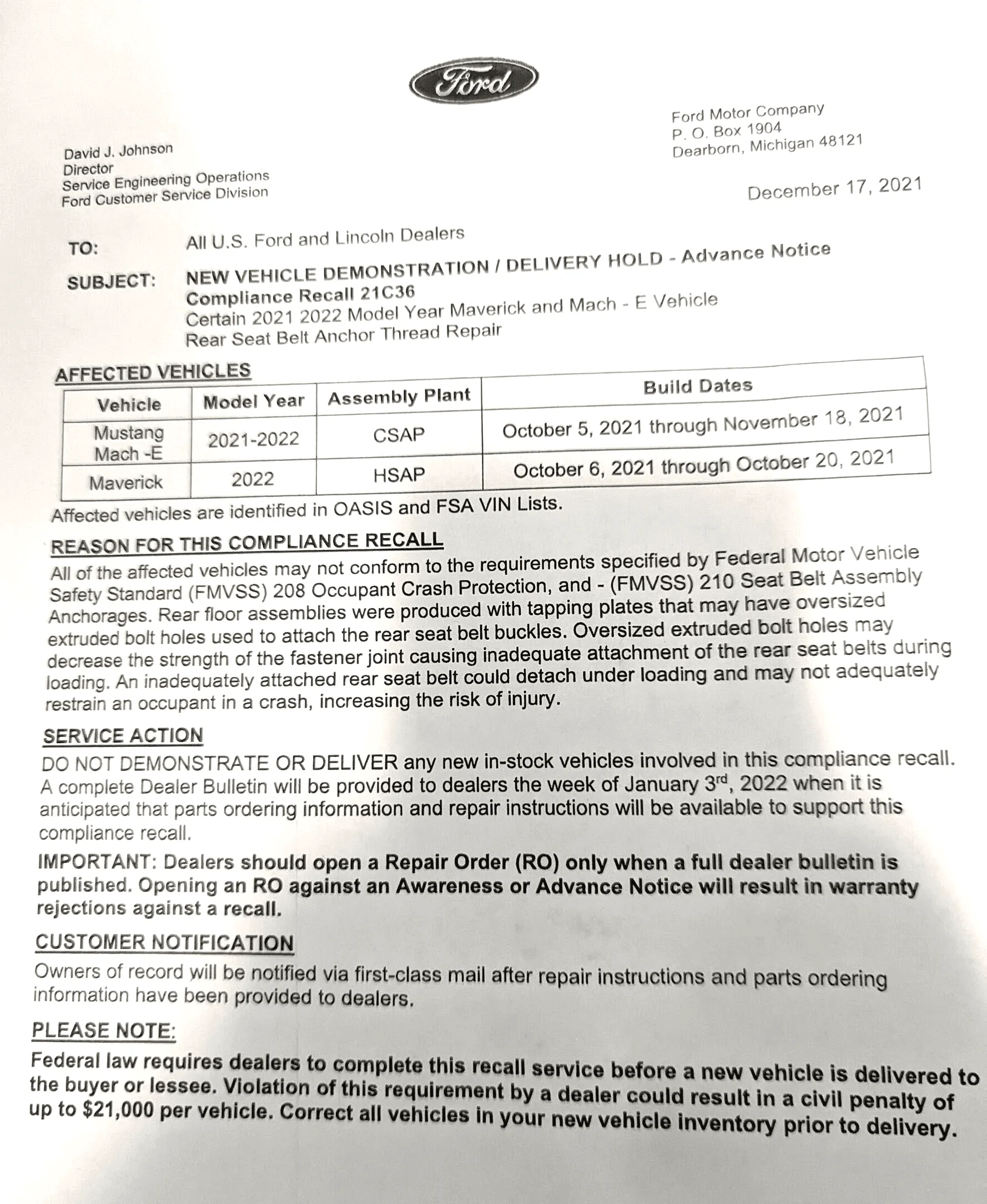 maverick mach-e recall delivery hold stop sale.png