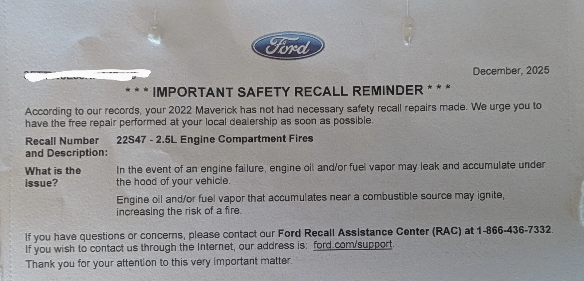 Ford Maverick Still getting Recall 22S47 notice after Engine Replacement. PXL_20260103_213047590~3
