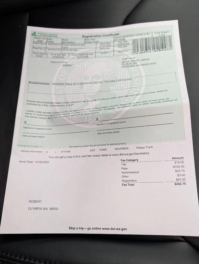 Ford Maverick HEV transportation electrification fee in WA state registrationfees