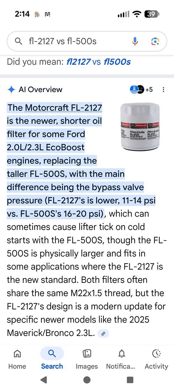 Ford Maverick My first oil change on EB. Used oil filter FL-500S Screenshot_20260120-141458