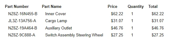 Ford Maverick Part number for the factory outlet and light that goes in bed? Parts list