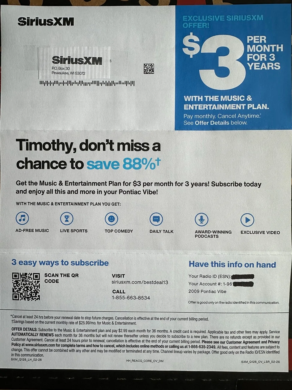 Ford Maverick SiriusXM Music & Entertainment plan, $3/month for 36 months ... IMG_6022