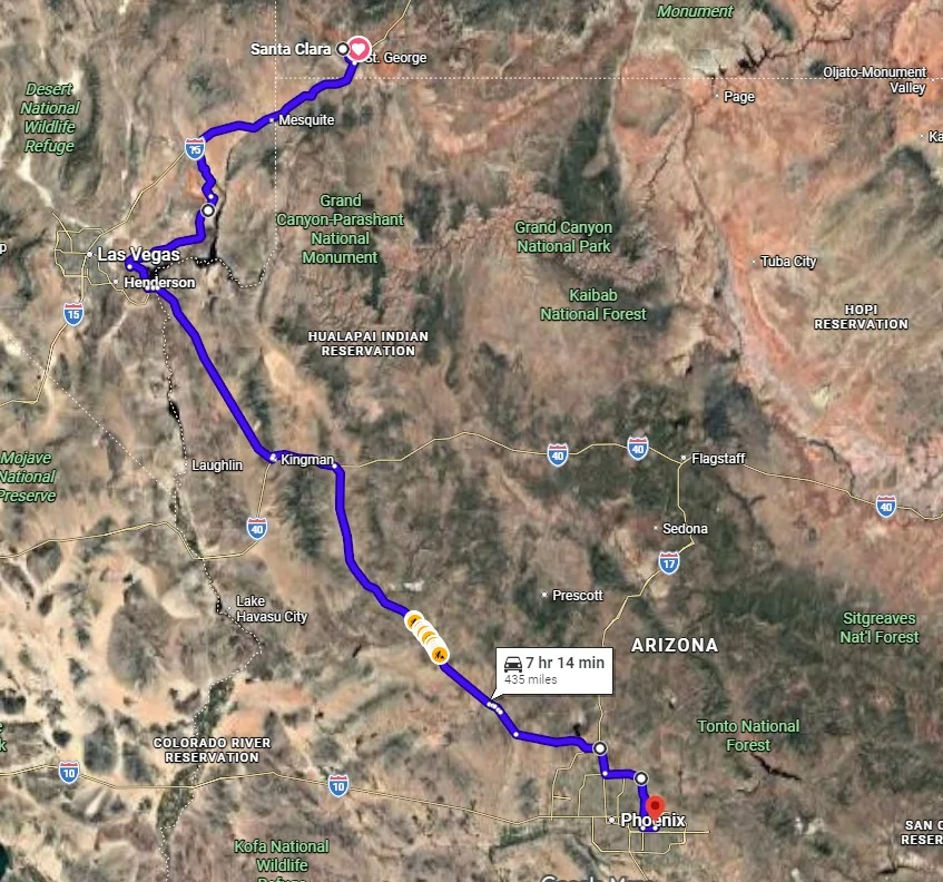 Ford Maverick Real World Measured Fuel Mileage Map_Santa-Clara,UT-to-Mesa,AZ