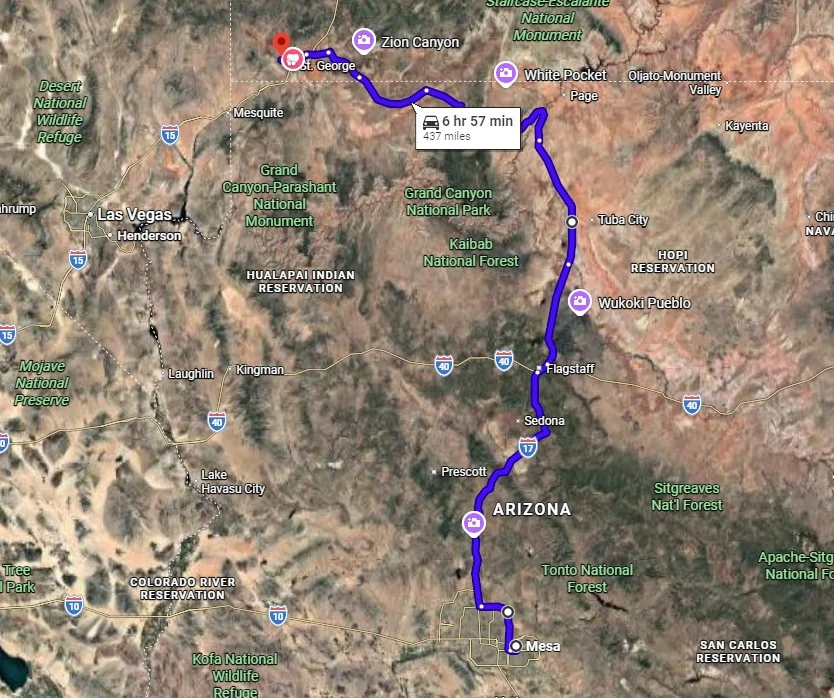 Ford Maverick Real World Measured Fuel Mileage Map_Mesa,AZ-to-Santa-Clara,UT