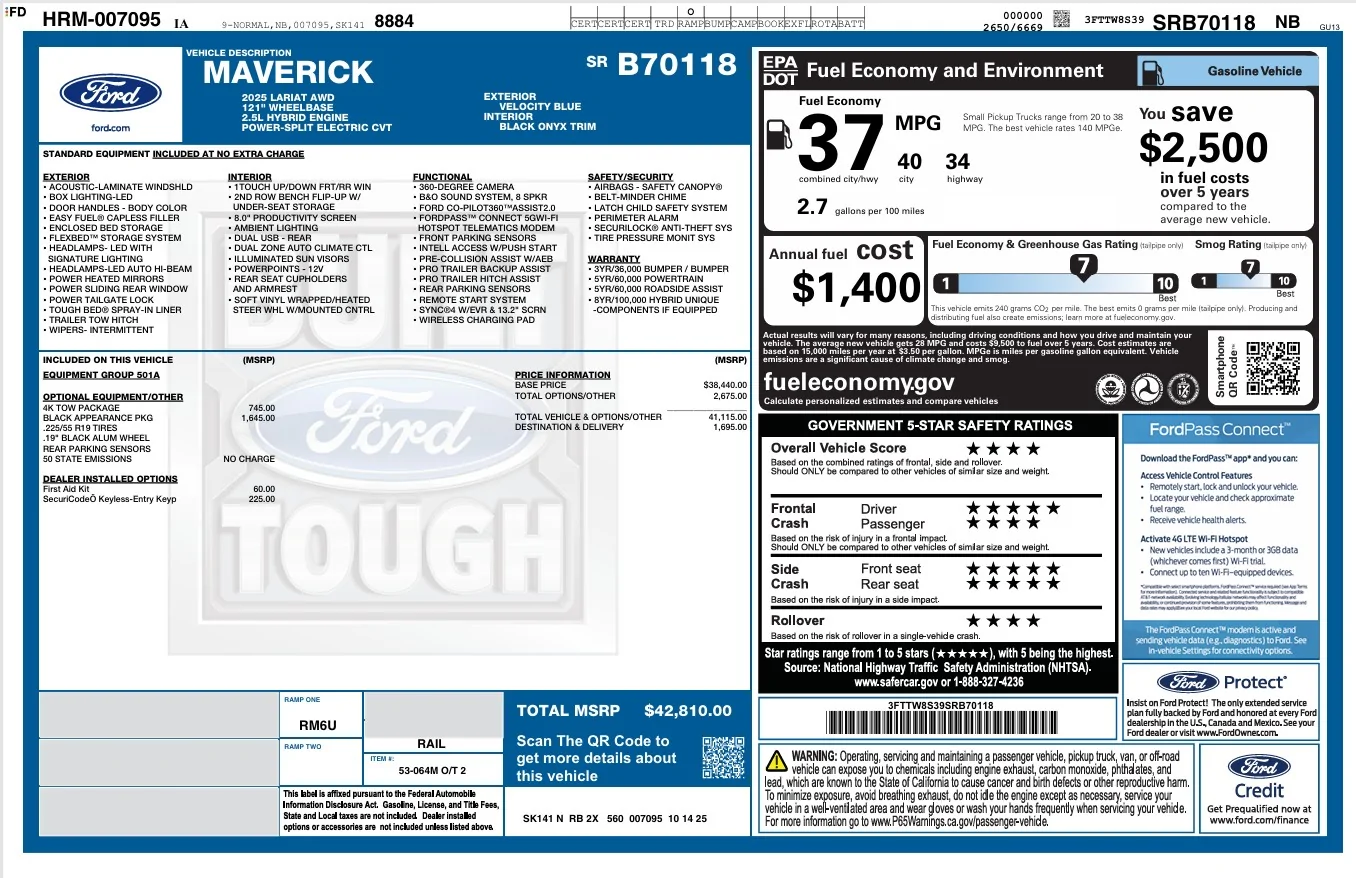 Ford Maverick Window sticker Window sticker pic