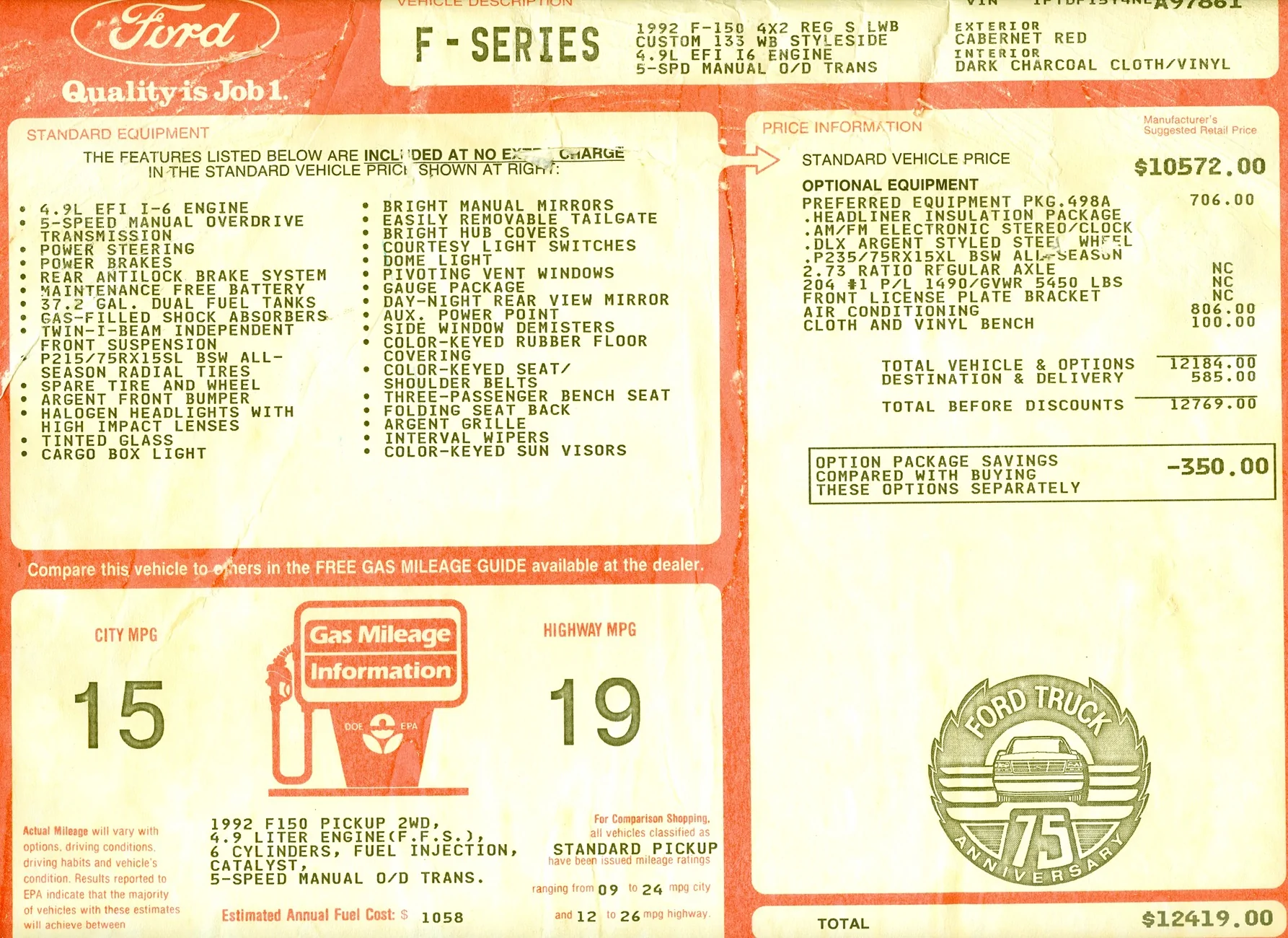 Ford Maverick Window sticker 1992 F-150