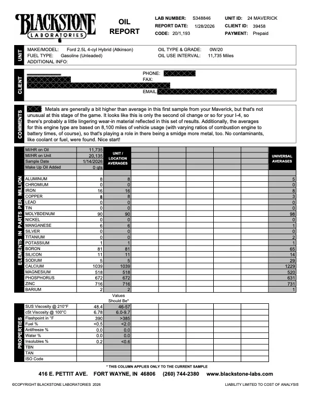 Ford Maverick Blackstone Labs Oil Analysis Comparison at 10k Miles Oil Report Redacted