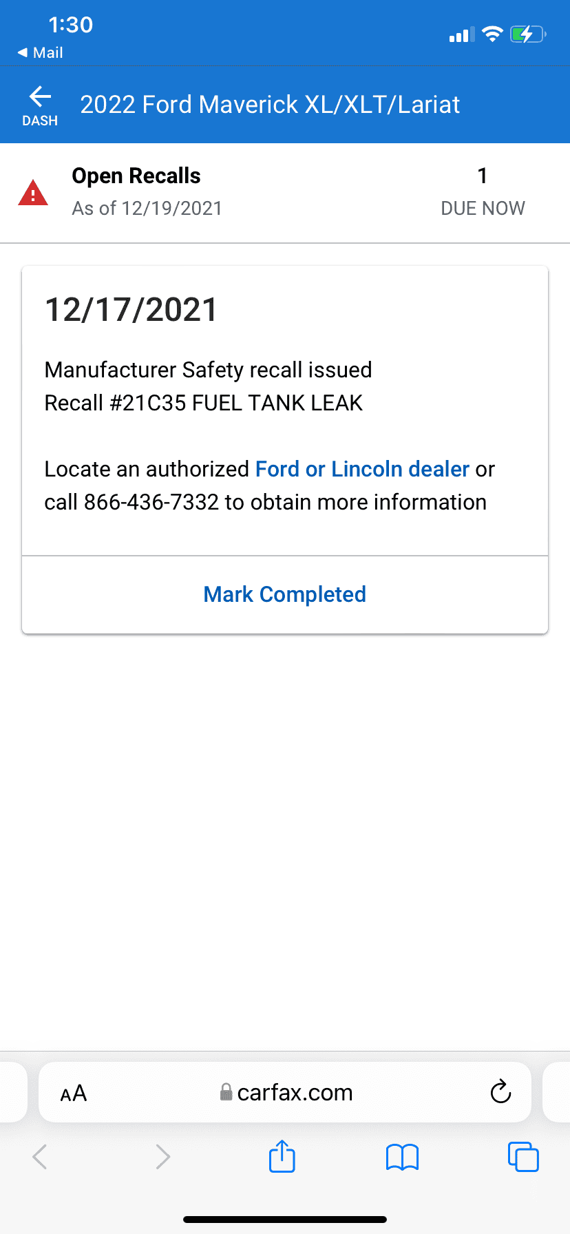 Ford Maverick Maverick Stop Sale Recall [Fuel Tank leak inspection issue]. Recall #21C35 (for Mavericks with spray-in bedliner) BCA24CBE-E3E5-41C3-9CD9-FFA6B0E048BE