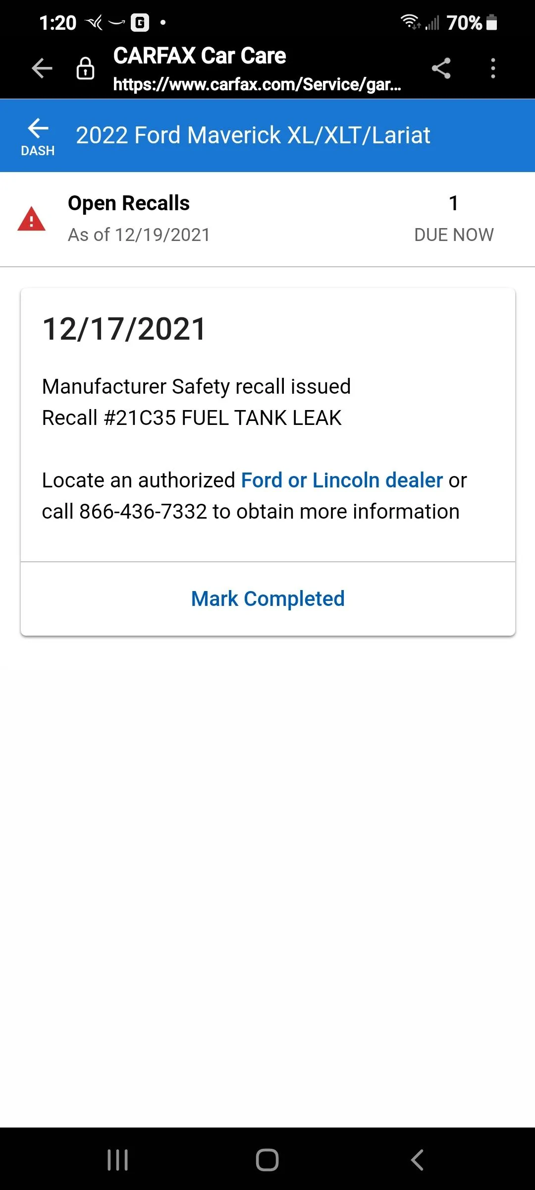 Ford Maverick Maverick Stop Sale Recall [Fuel Tank leak inspection issue]. Recall #21C35 (for Mavericks with spray-in bedliner) Screenshot_20211219-132053_Samsung Internet