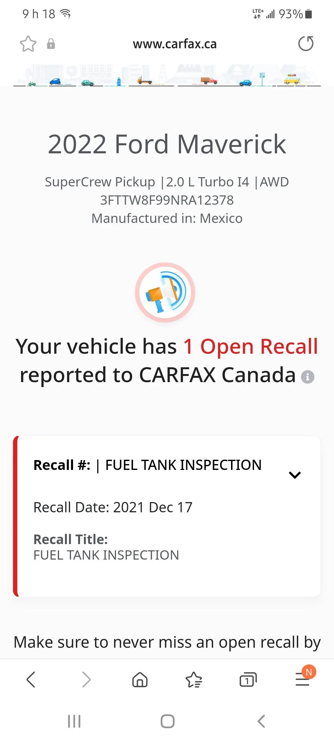 Ford Maverick Maverick Stop Sale Recall [Fuel Tank leak inspection issue]. Recall #21C35 (for Mavericks with spray-in bedliner) Screenshot_20211221-091831_Samsung Internet