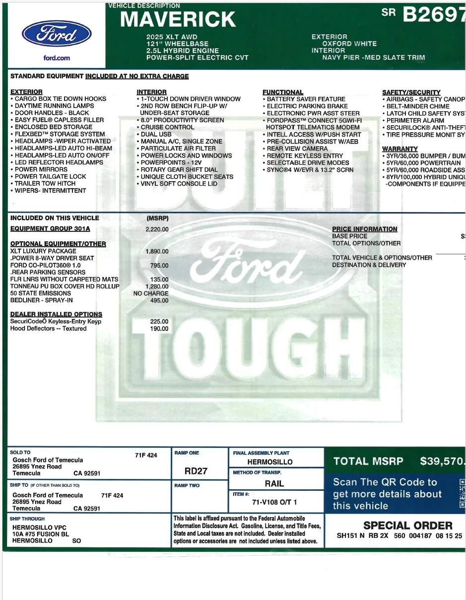 Ford Maverick Window sticker WINDOW STICKER LEFT SIDE