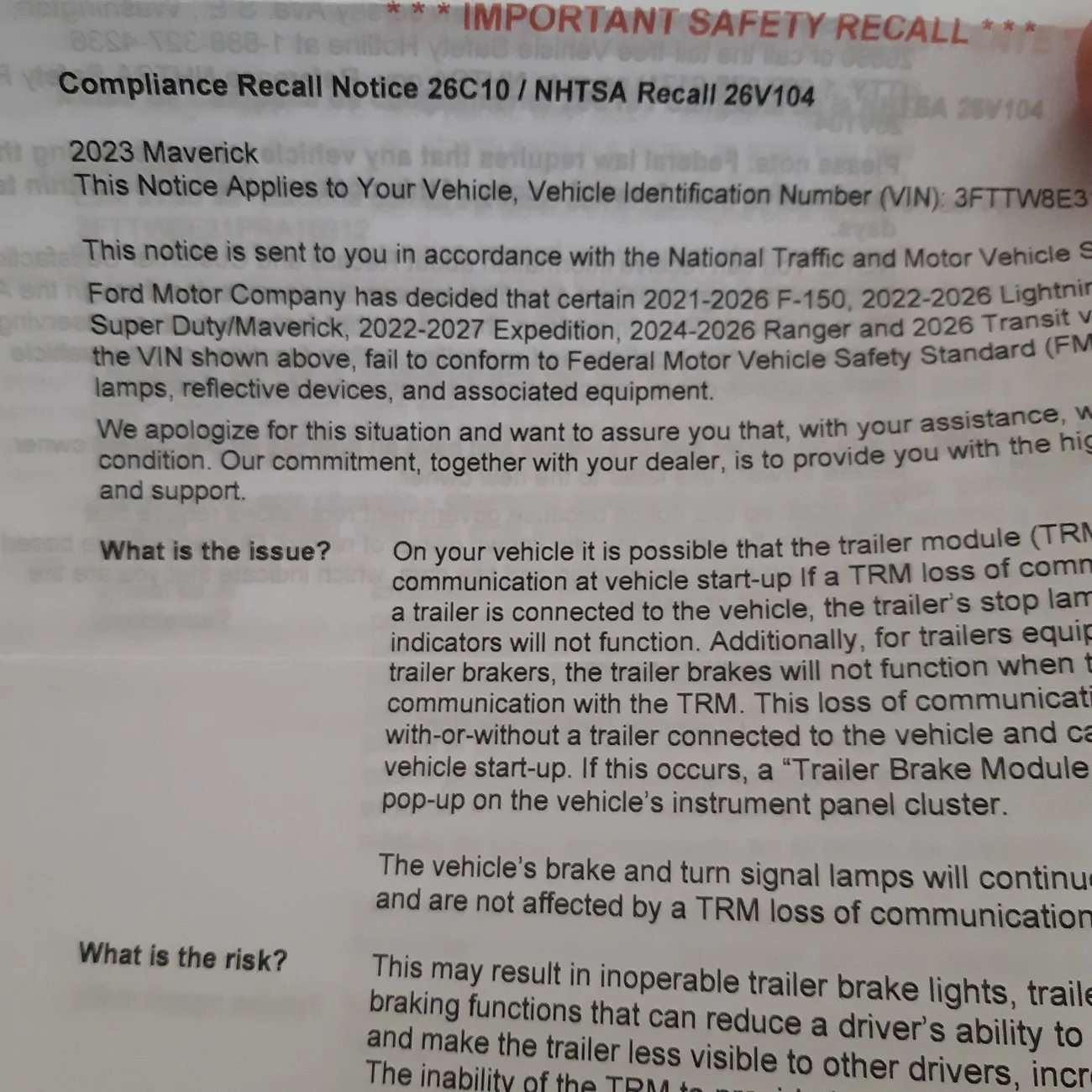 Ford Maverick Trailer Light Module Recall 20260414_085844