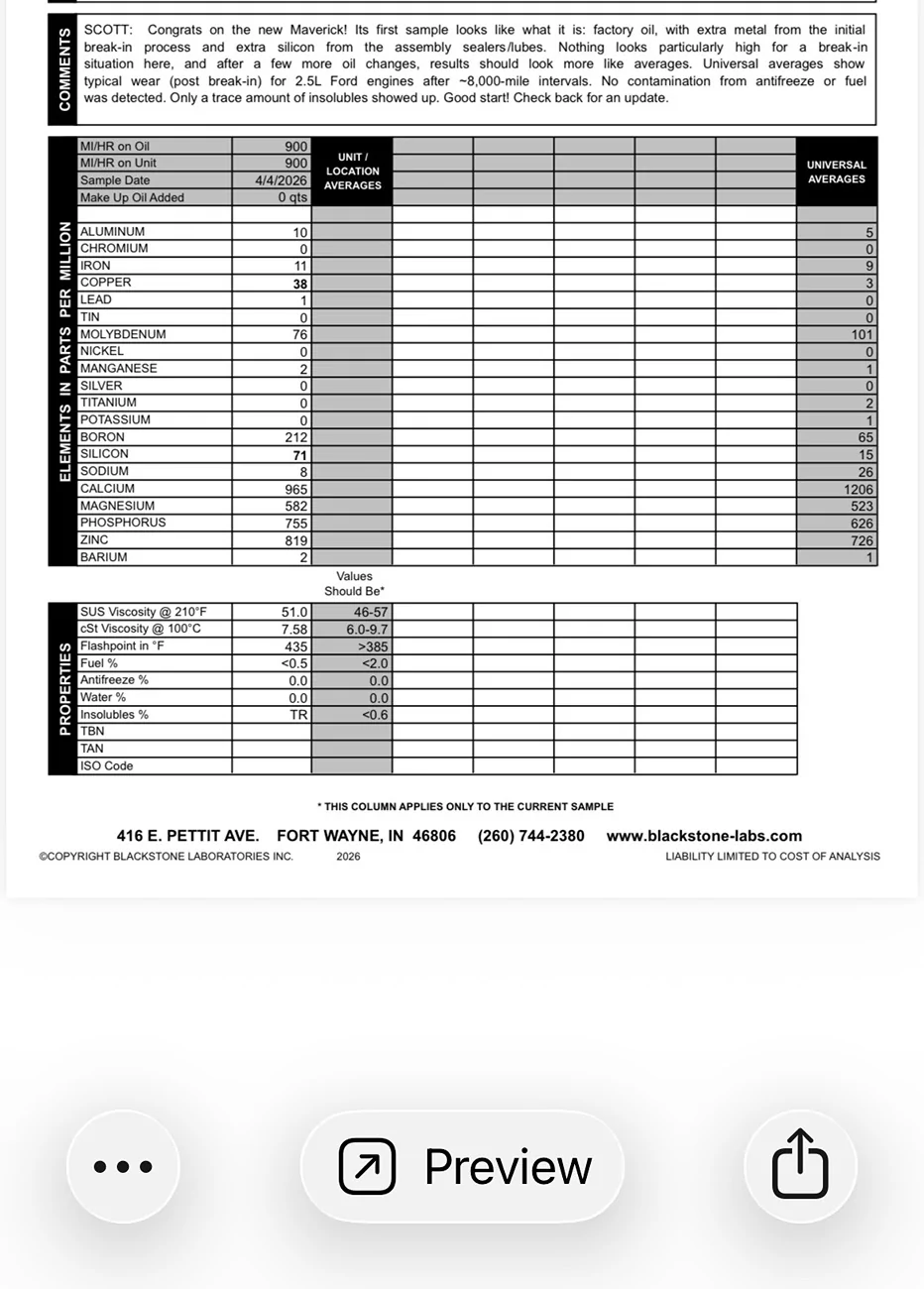 Ford Maverick Blackstone Labs Oil Analysis Comparison at 10k Miles IMG_2547