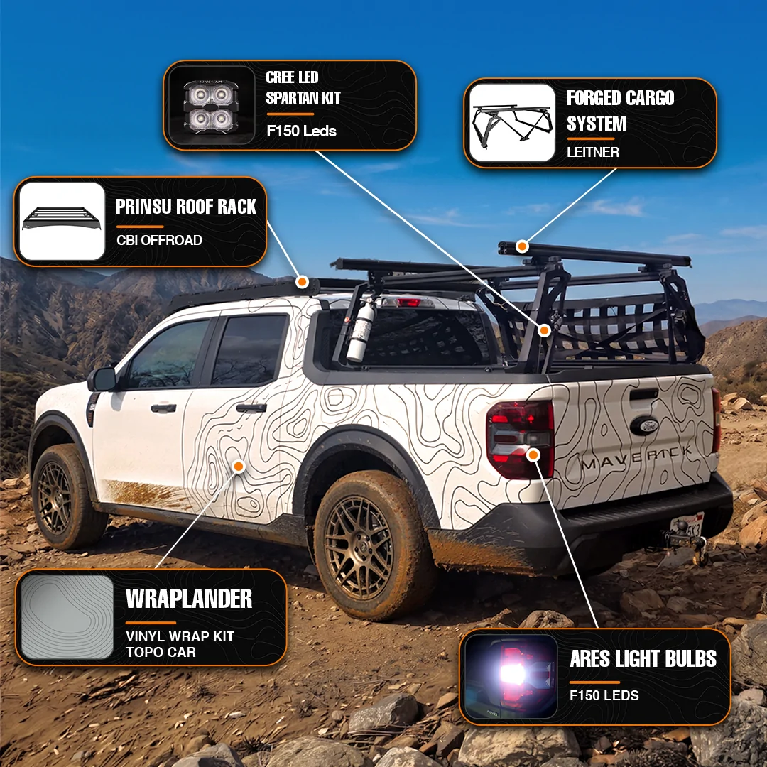Ford Maverick !Full Maverick Infographic Pictures! Exterior Setup: Overland Gear, Full Lighting Conversion, Wrap & Rack Breakdown Rear All