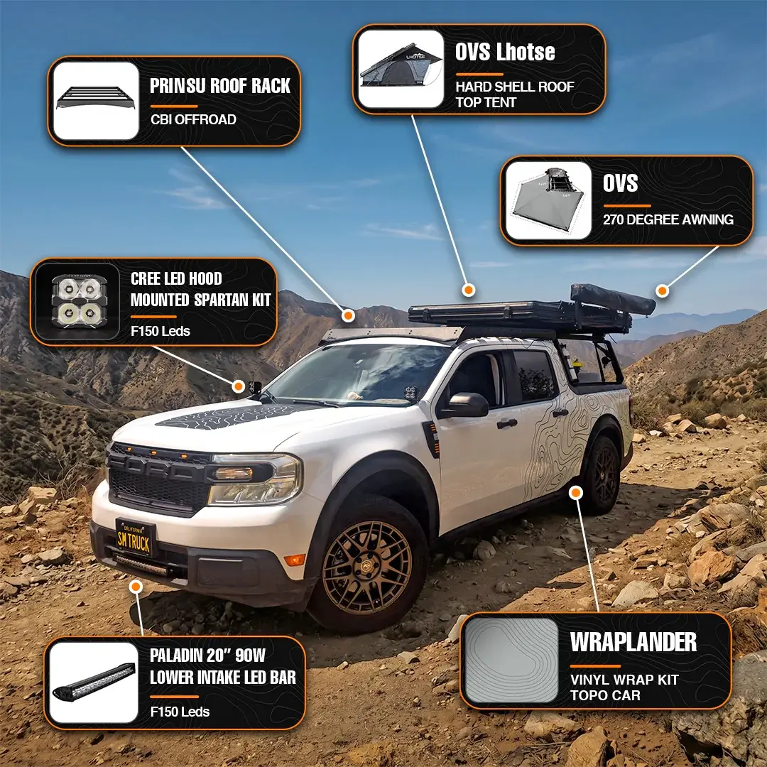 Ford Maverick !Full Maverick Infographic Pictures! Exterior Setup: Overland Gear, Full Lighting Conversion, Wrap & Rack Breakdown ALL LABELS