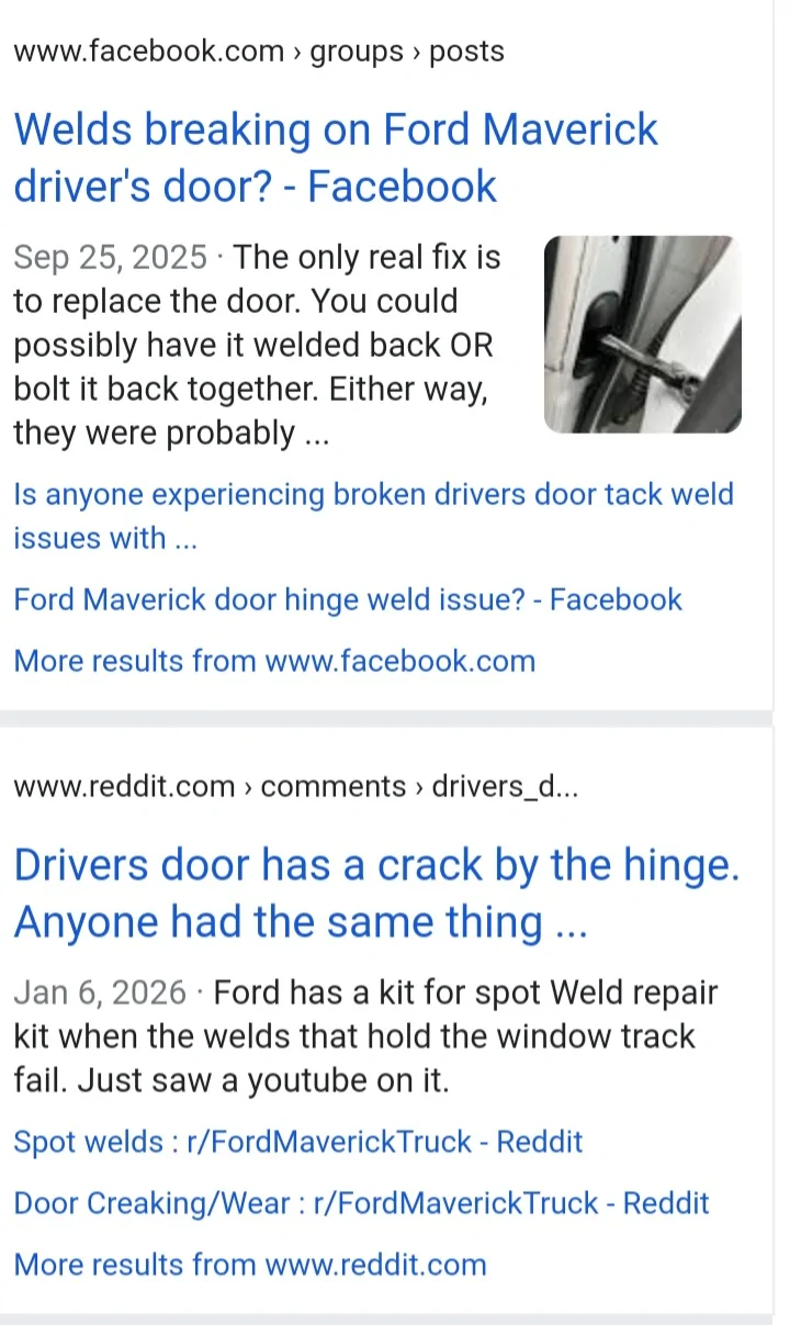 Ford Maverick Drivers door stop spot welds came loose 20260511_075656