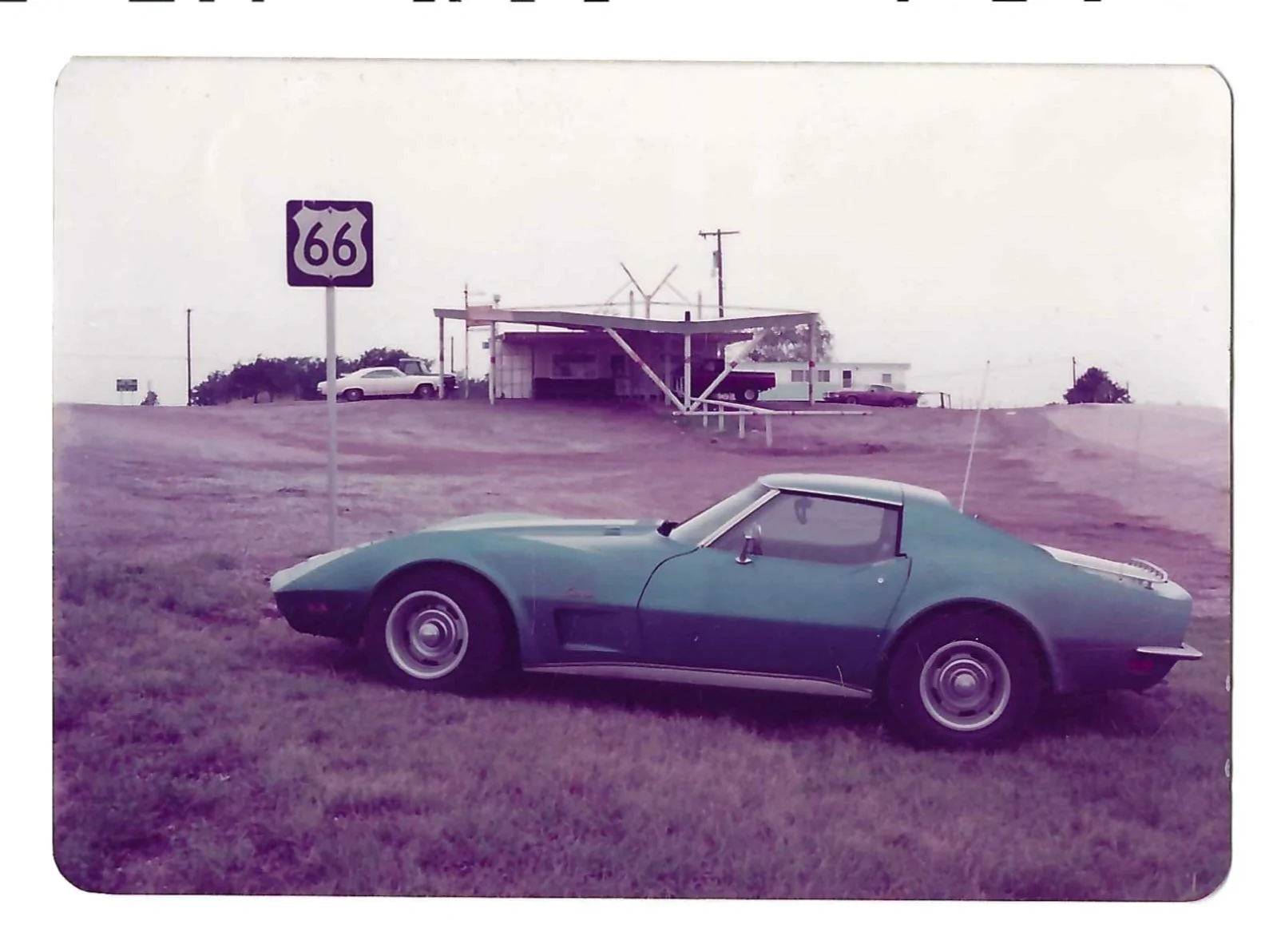 Ford Maverick Beauty rings added on steelies - last of many, many improvements? 73 Vette on Rt 66 late 70s