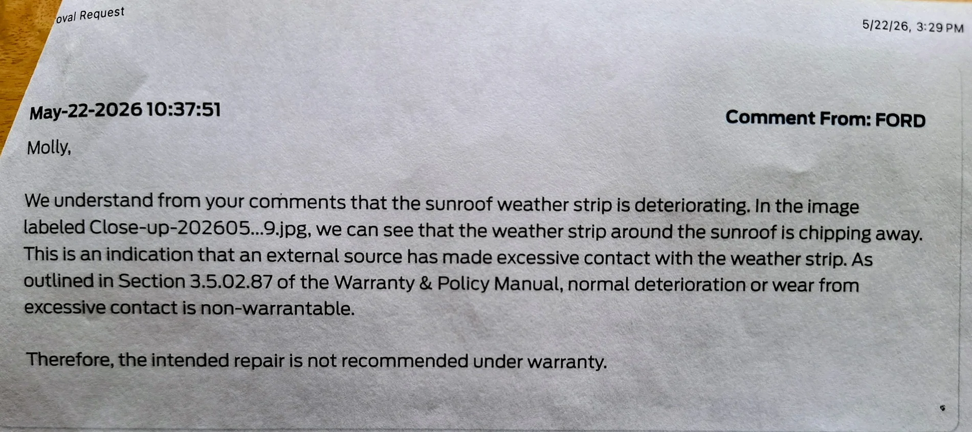 Ford Maverick Sunroof weather stripping falling apart. 20260527_125722~2