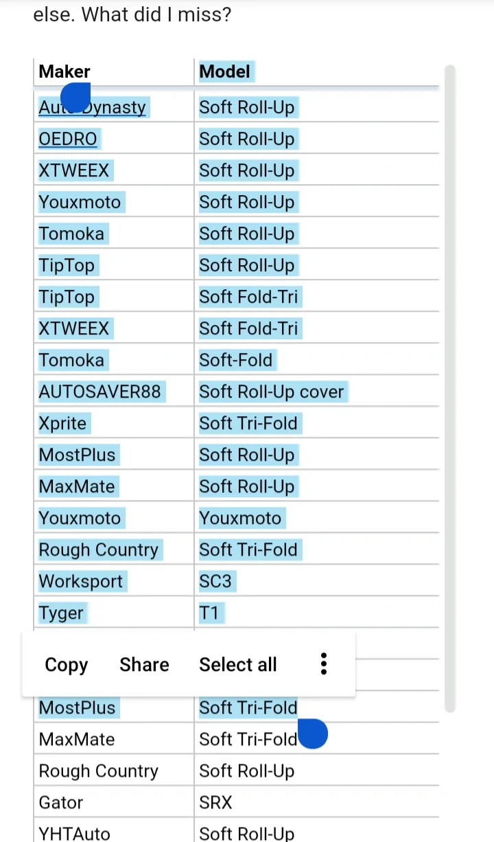 Ford Maverick 100+ bed tonneau cover aftermarket options - compilation list 📃 20260530_103157