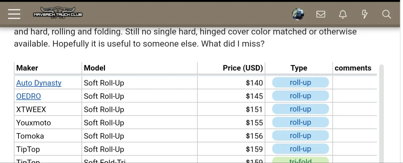 Ford Maverick 100+ bed tonneau cover aftermarket options - compilation list 📃 20260530_103703