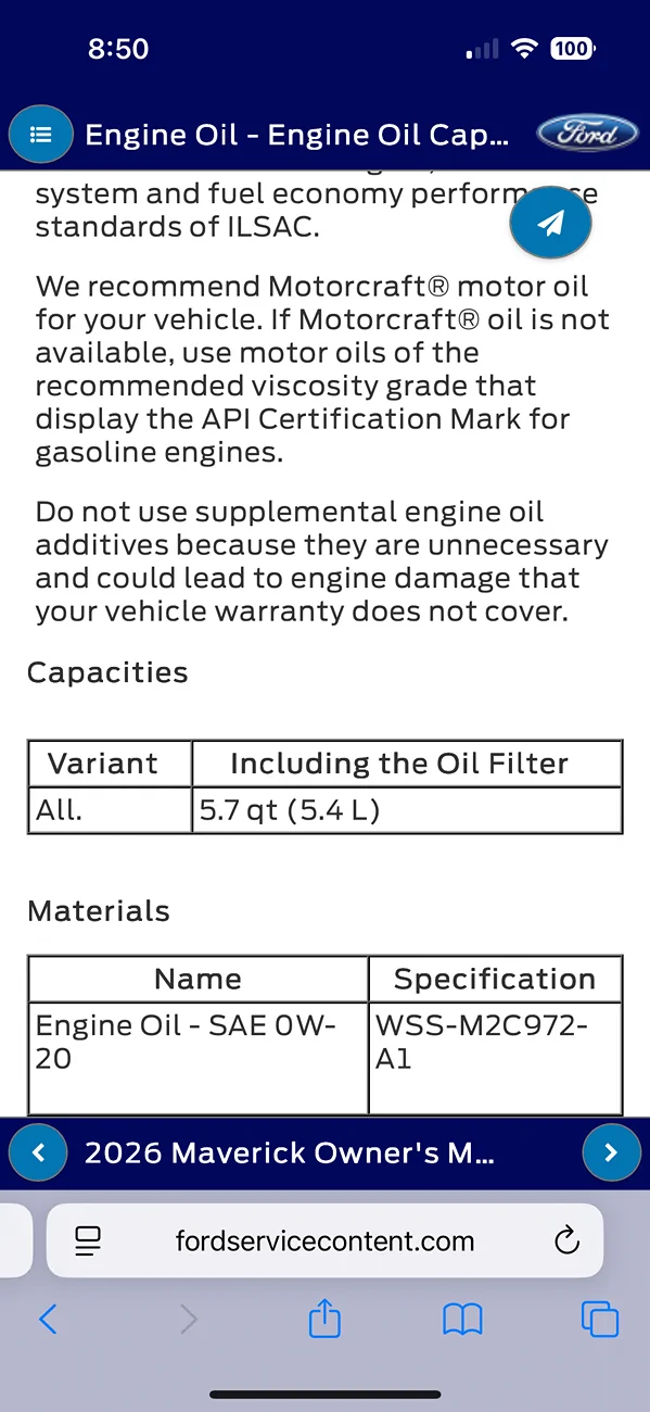 Ford Maverick Oil Change Frequency 2026 Hybrid Maverick IMG_0874