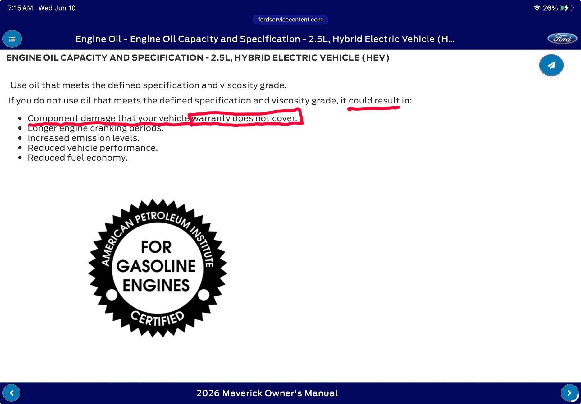 Ford Maverick Oil Change Frequency 2026 Hybrid Maverick IMG_4054