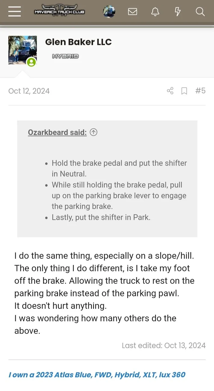 Ford Maverick "Park Brake Limited Function, Service Required" after truck rolls backward toward a drop-off 20260623_063543