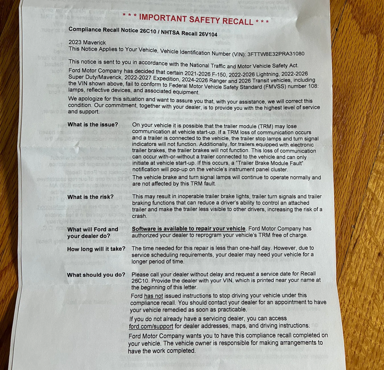 Ford Maverick nhtsa recall 26v104  "software didnt take" 96f7c6d8-6cce-4827-bac3-518c400ccc1c~1