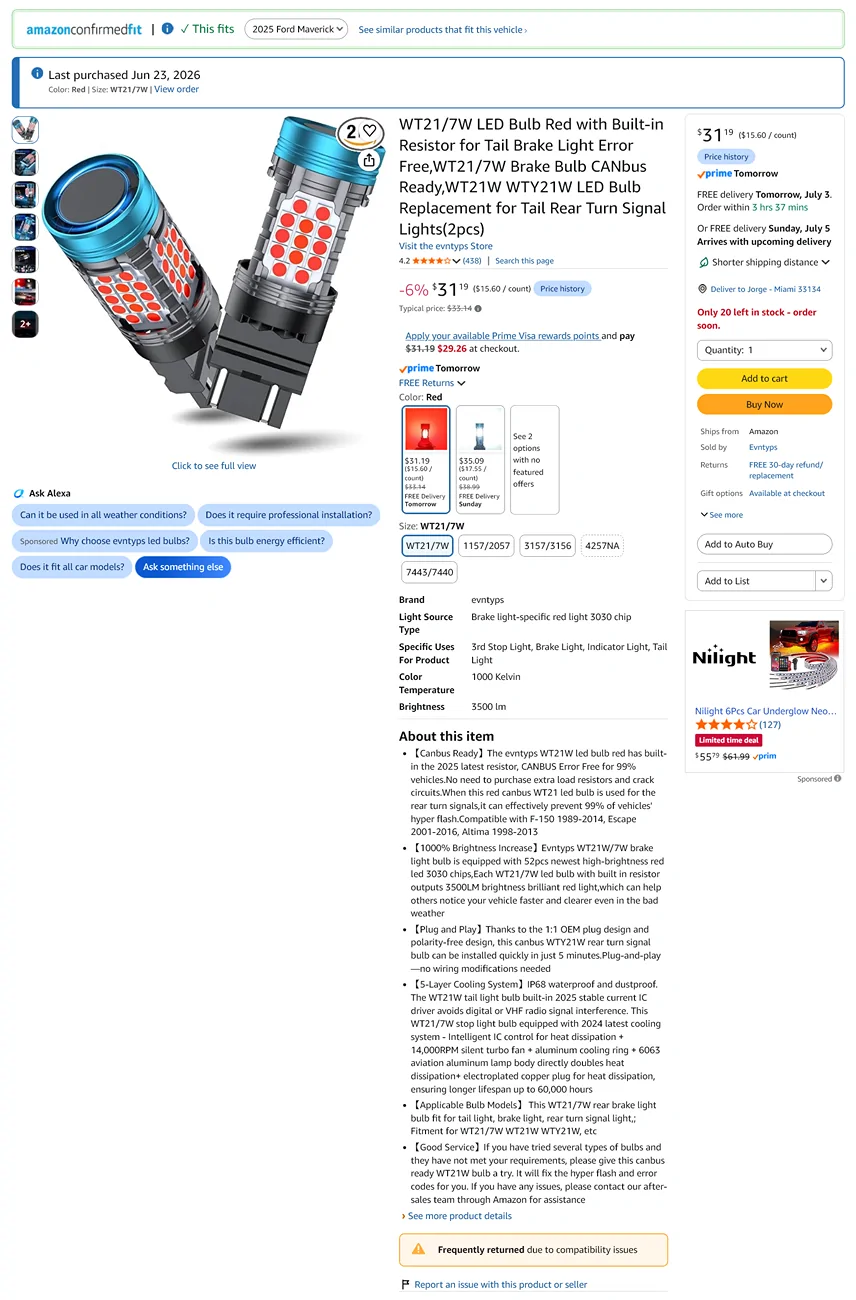 Ford Maverick What Great Maverick Accessory Got Left Behind for 2026? Screenshot 2026-07-02 at 14-45-24 Amazon.com evntyps WT21_7W LED Bulb Red with Built-in Resis