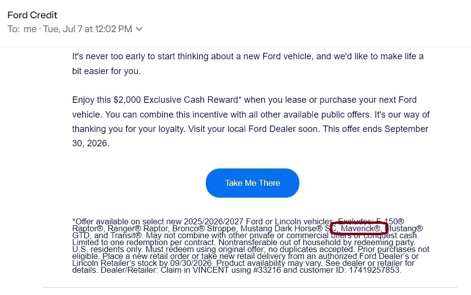Ford Maverick $2000 Cash Reward not available on Maverick! Screenshot 2026-07-07 120821