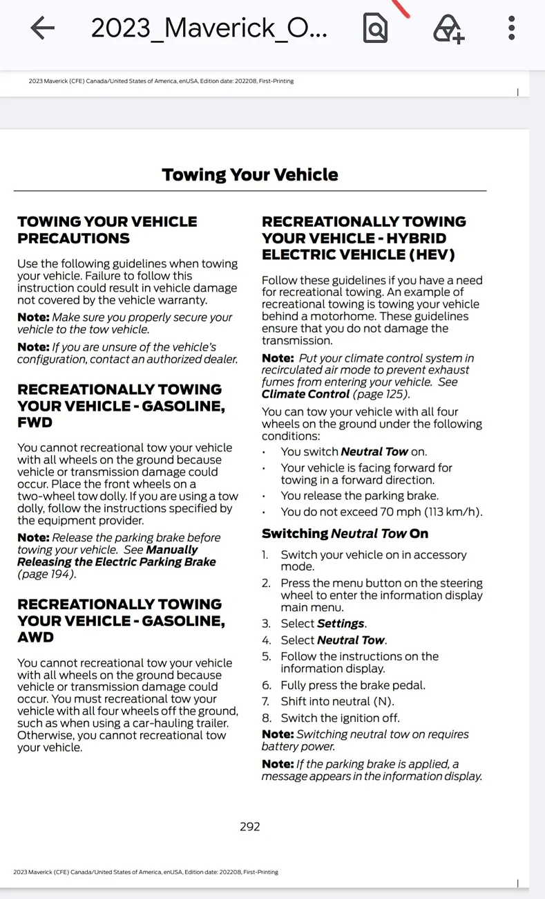 Ford Maverick 6 hour rule when Flat towing for 2025-26 AWD Hybrids & 15 min. wait before starting the engine Screenshot_2026-07-08-08-48-52-36_e2d5b3f32b79de1d45acd1fad96fbb0f