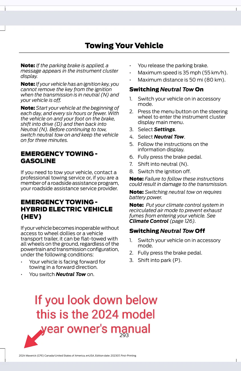 Ford Maverick 6 hour rule when Flat towing for 2025-26 AWD Hybrids & 15 min. wait before starting the engine IMG_20260708_133251