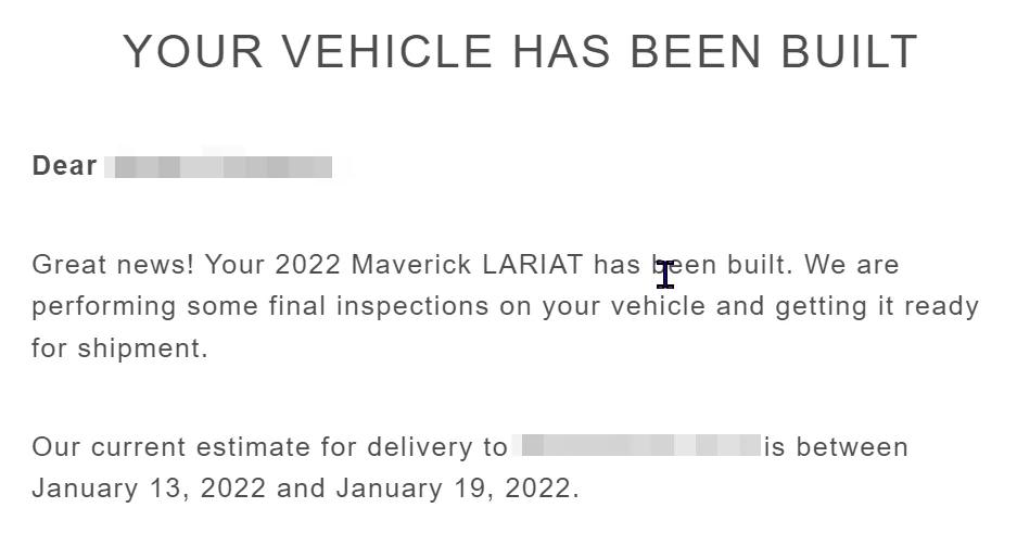 Ford Maverick Delay between In Production and Built… 1640731415656
