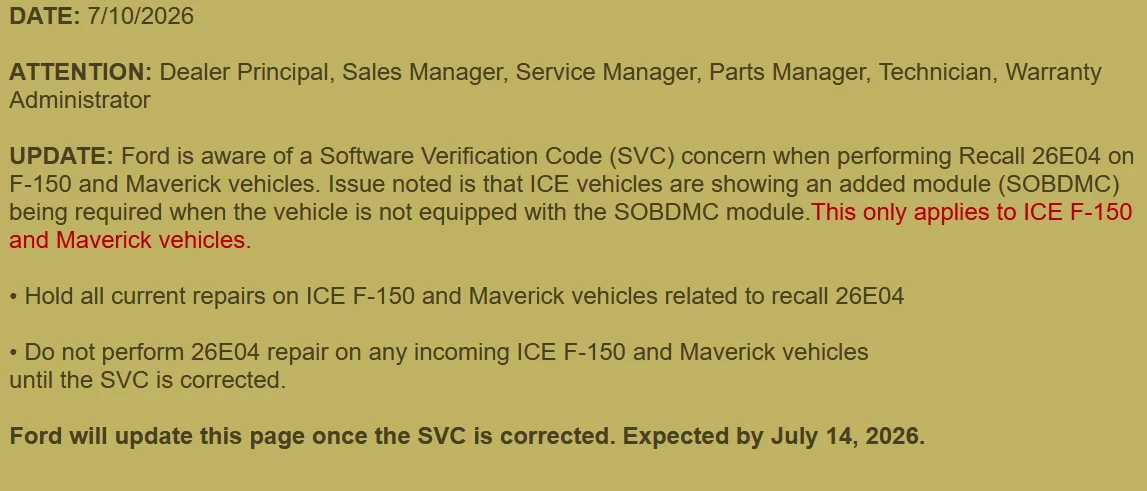 Ford Maverick Recall (Campaign 26E04) issued July 2026 - Powertrain Control Module - Software update needed. 1783875950633-ig