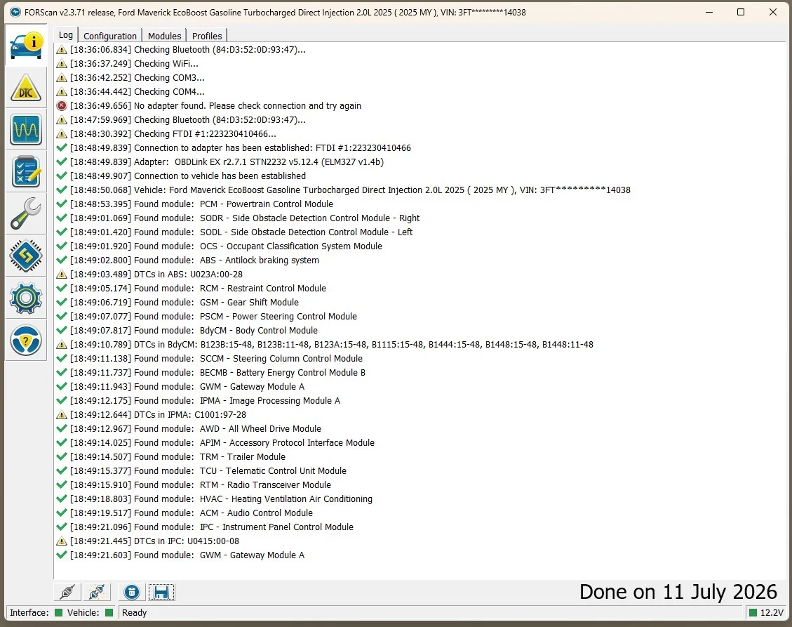 Ford Maverick FORSCAN first time connecting ERRORcodes