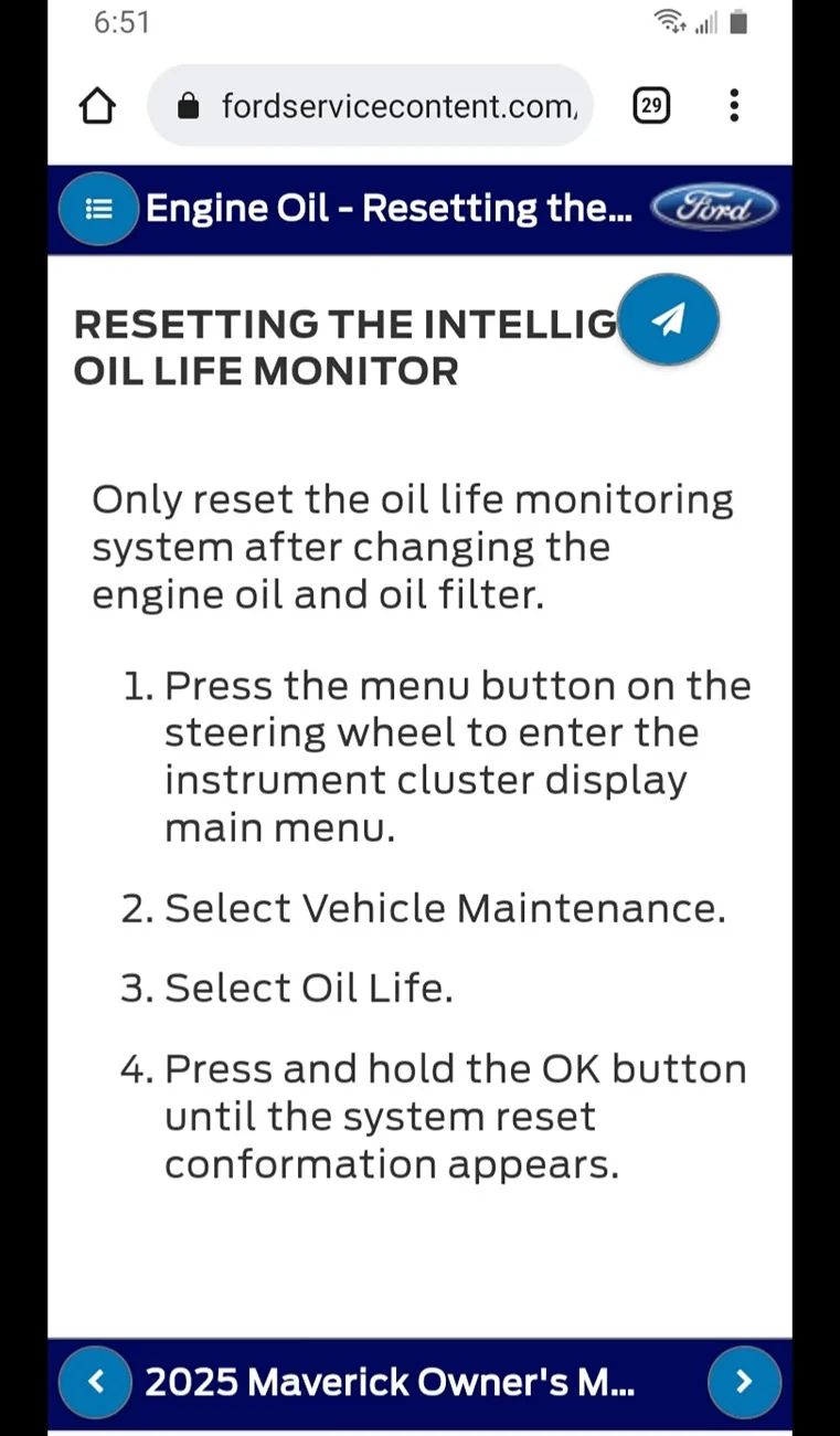Ford Maverick Maintenance Reminder Message for Oil Change 20260818_065138