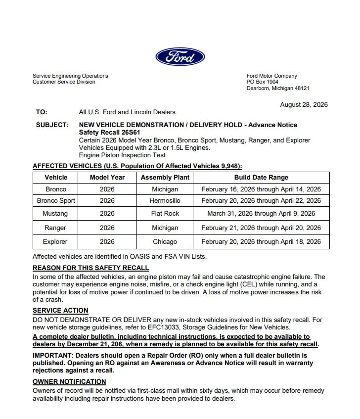 S650 Mustang Recall 26S61 / 26V548000 - Improperly manufactured engine pistons may fail and cause engine failure (Mustang 2.3L) {filename}