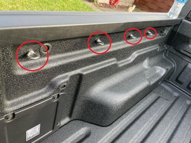 Ford Maverick Spray in bedliner and tie down eye bolts added. ! Maverick truck bed side tie down fittings_2