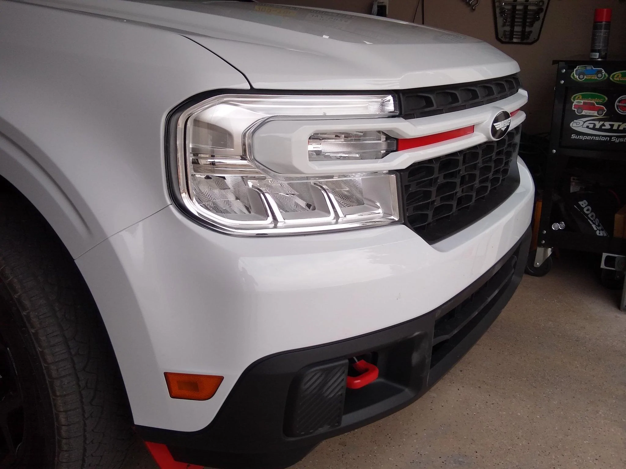 Ford Maverick ✈️ Oxford White Maverick Modded w/ Painted Grill Bar, Red Color Accents, Maverick Emblem Logo 271154018_1836067683253237_5055442571351186340_n