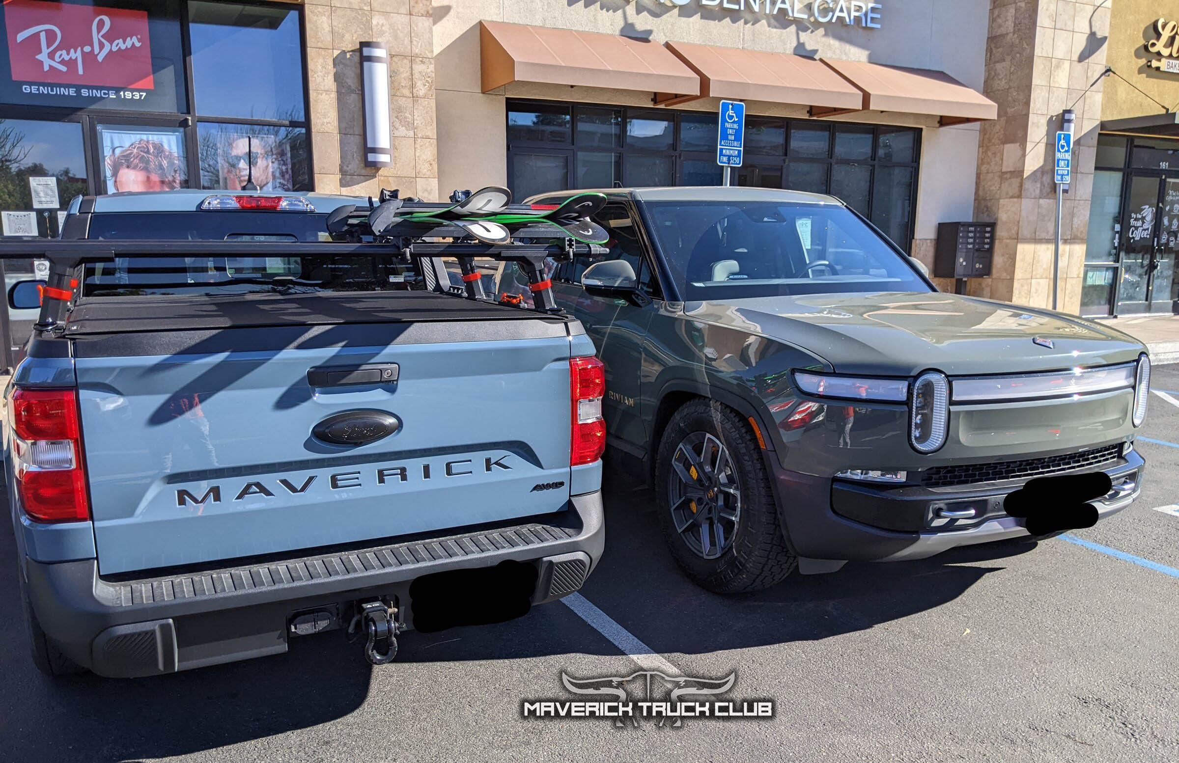 Ford Maverick Maverick vs Rivian parked side-by-side [NA Truck of the Year Finalists] Ford Maverick vs Rivian R1T pickup comparison 1