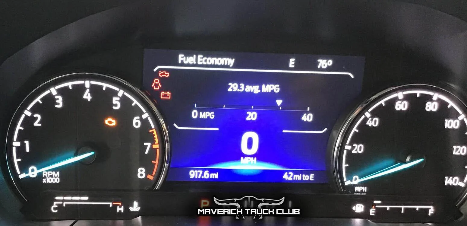 Ford Maverick My look today at Maverick Lariat 2.0L EcoBoost AWD - shows 29.3 MPG on board computer Hot Pepper Red Maverick Lariat 2.0L AWD 2-2-2
