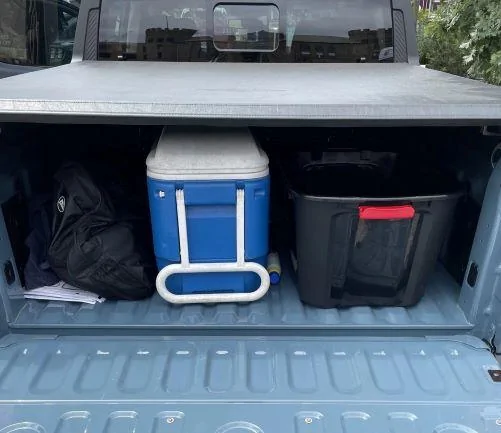 Ford Maverick Maverick interior bed height measurement? Bed storage tonneau cover down Area 51 Maverick Hybrid Lariat at the Motor City Car Crawl in 