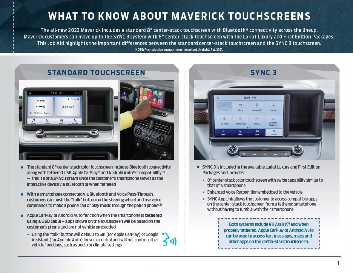 Ford Maverick 8" Touchscreen Guide - Standard vs SYNC 3 Functions Comparison 2022 Ford Maverick 8%22 Touchscreen Standard vs SYNC 3 functions 2
