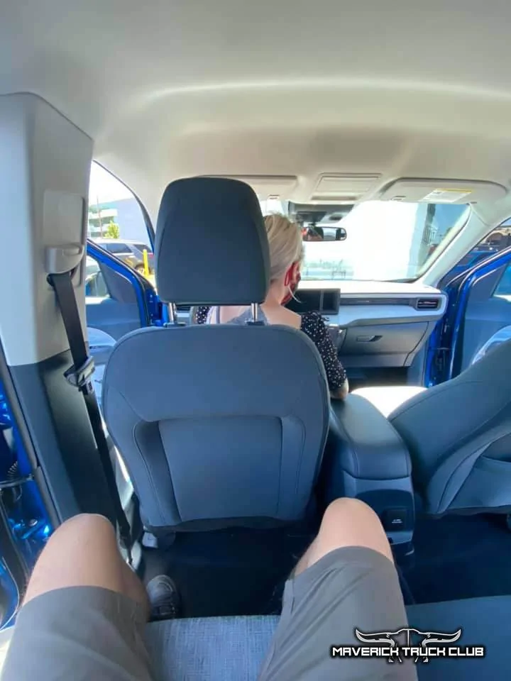 Ford Maverick Pics of Maverick vs Ranger Tremor. 5’6” height comparison & legroom. Behind seats w/ standard audio Velocity Blue XLT Maverick 2